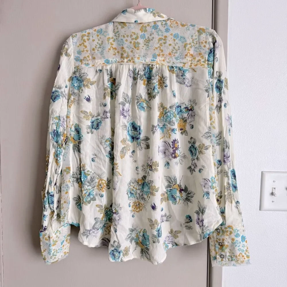 Free People Cream Blue Yellow Floral Hold On To Me Long Sleeve Button Up Top